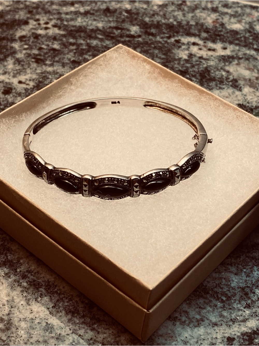 Sterling Silver with 5 Black Onyx stone Bracelet with Marcasite Detailing